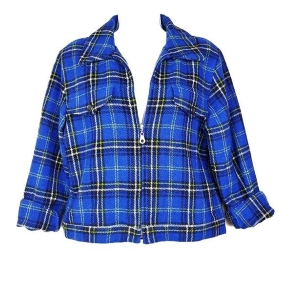 Express Womens Blue Plaid Front Zip Wool Blend Jacket Size S - Picture 3 of 8